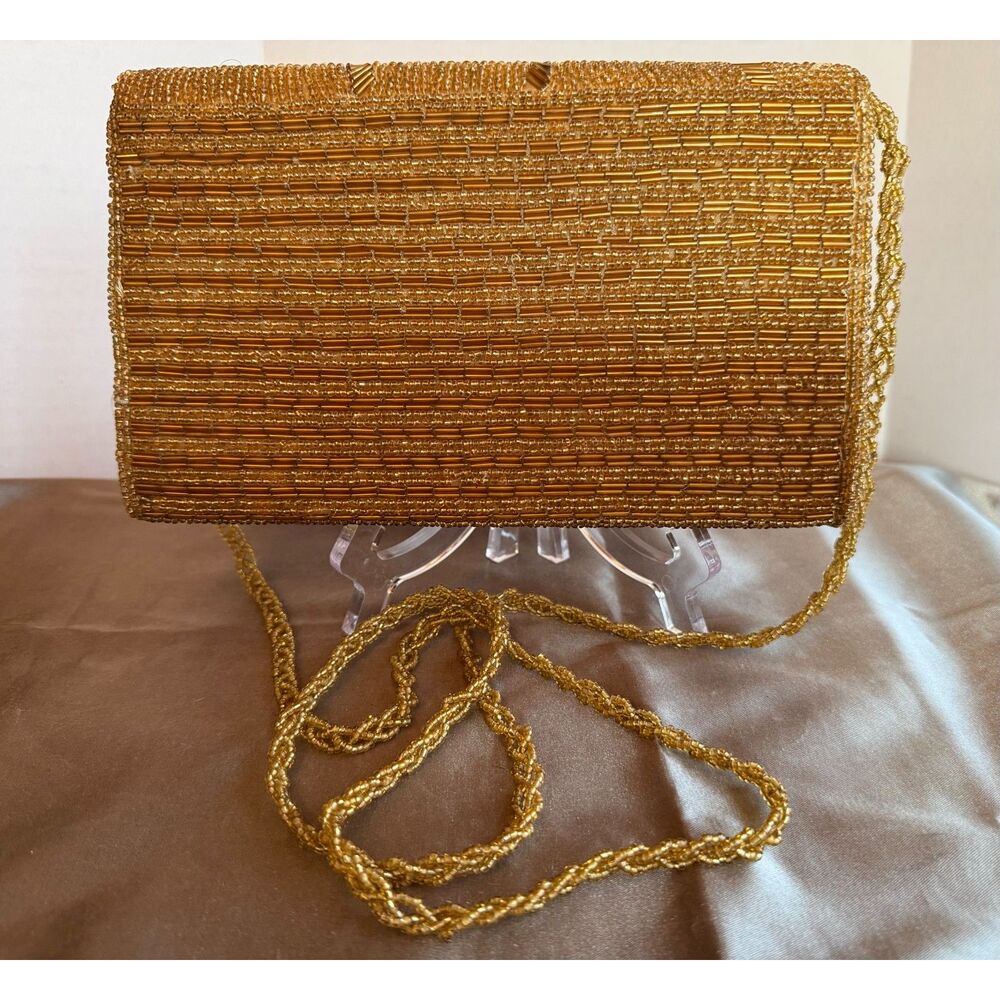 1950s Gold Glass Bead Handbag – Art Deco Leaf Design, Chain Strap